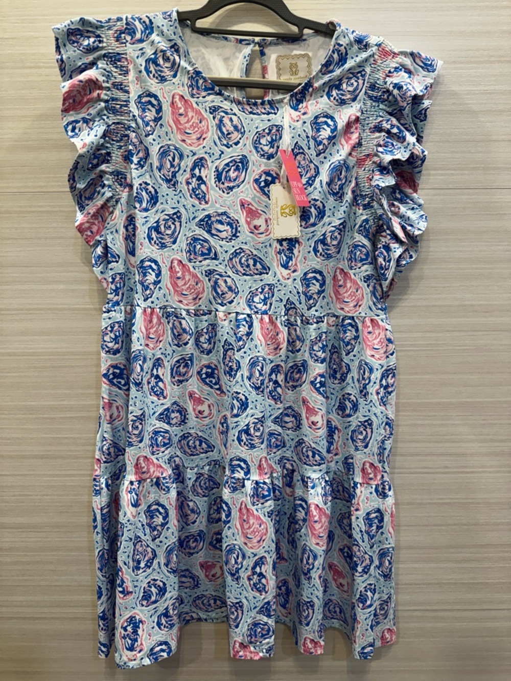 Simply Southern Coastal Themed Ruffled Tiered Dress Oyster Shell Pattern UPF-50